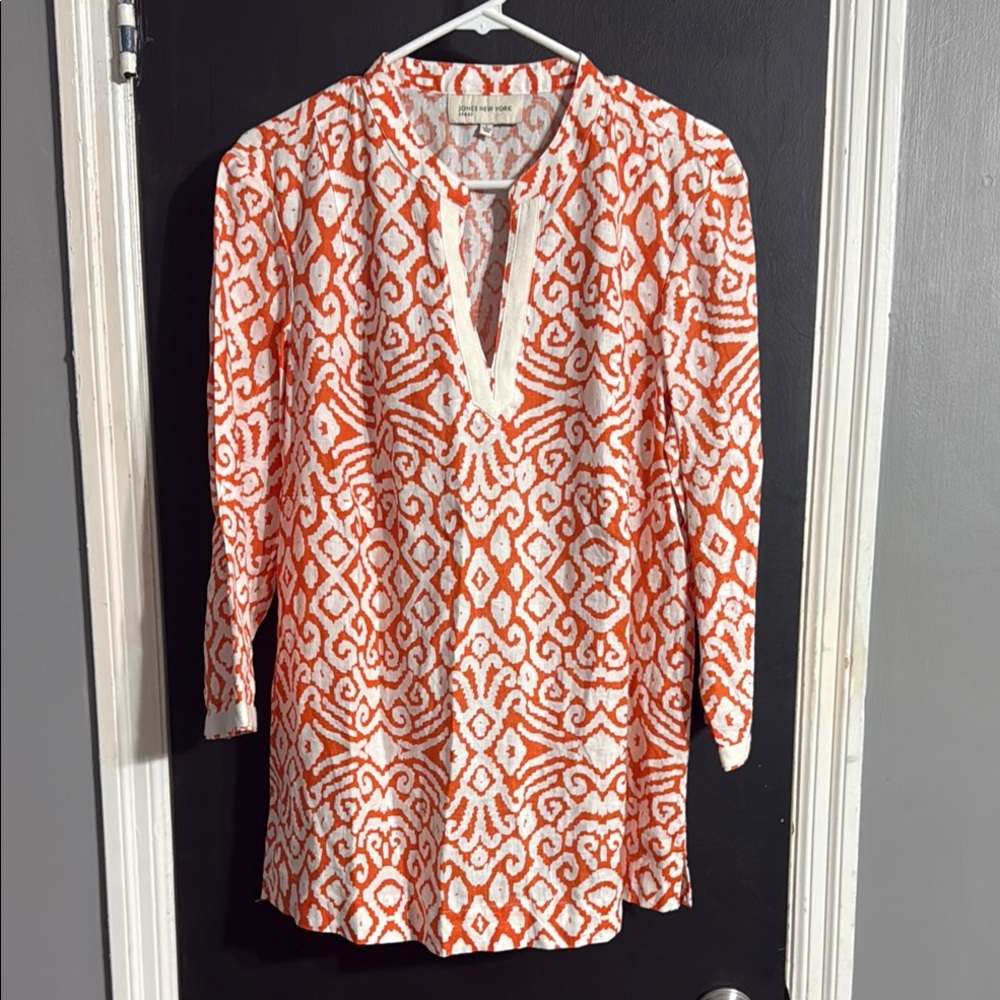 Jones New York Sport Patterned 3/4 Sleeve Linen Tunic Size: L